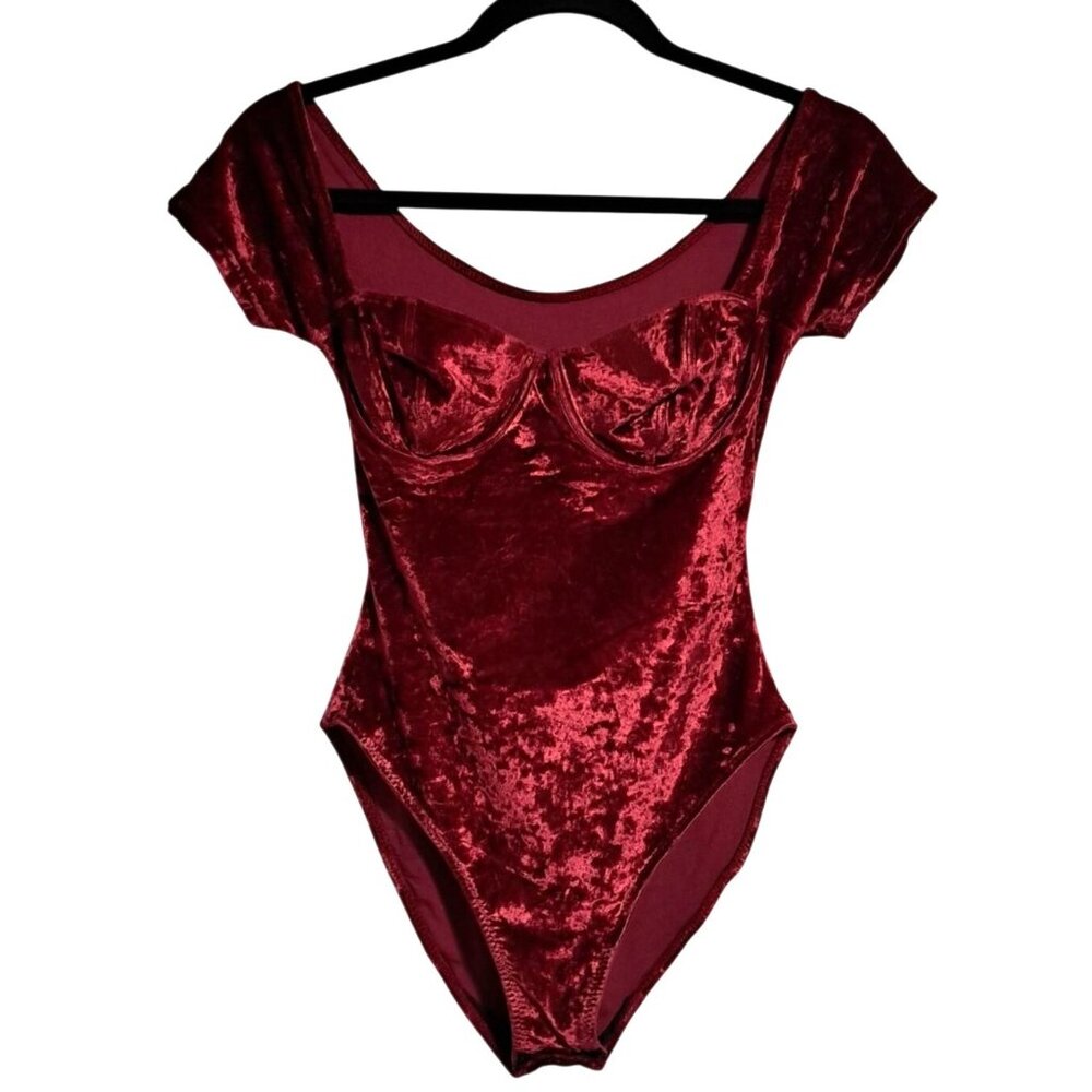 Vintage Red Crushed Velvet Bodysuit Goth Y2k French Lingerie Sz M Huit 8‎